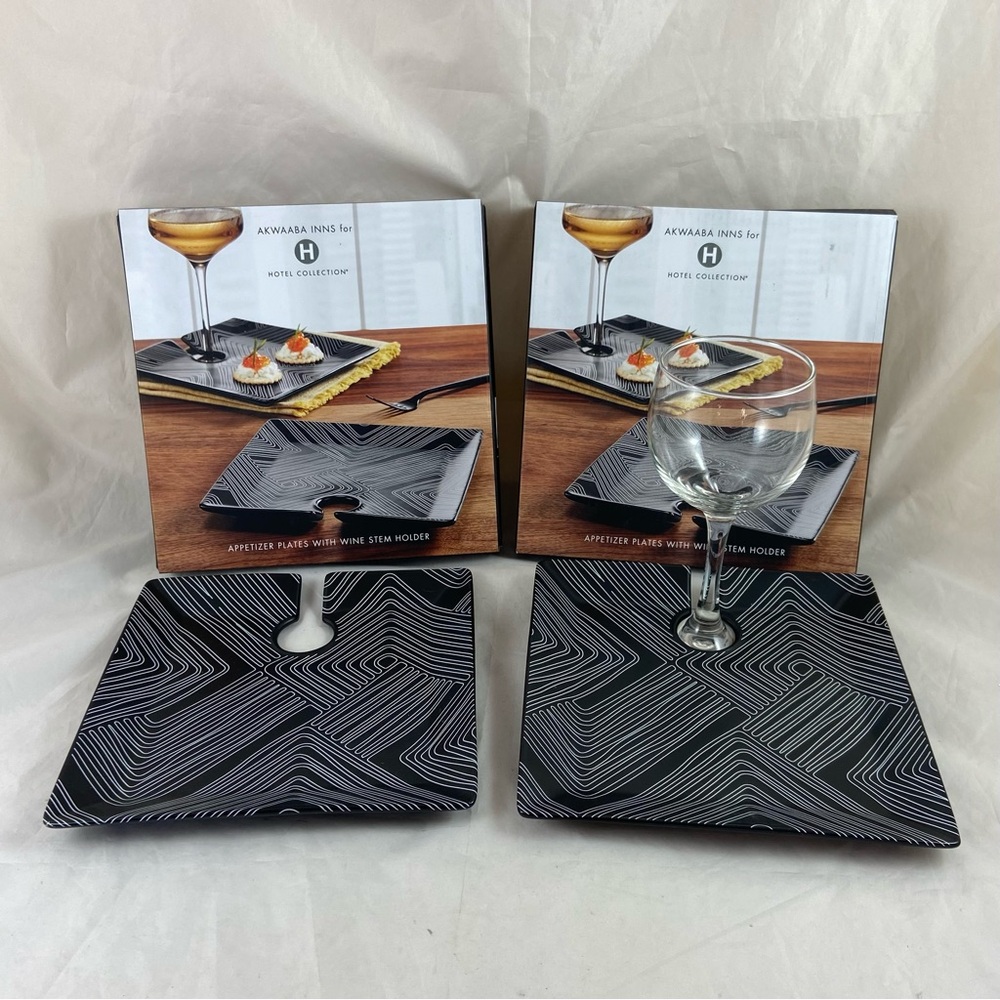 Hotel Collection Black and White Appetizer Plates with Wine Holder 4 Plates NWT